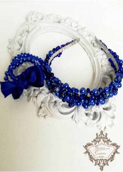 Комплект дизайнерска диадема за булка и гривни с перли и кристали Сваровски модел Royal Blue Rose by Rosie
